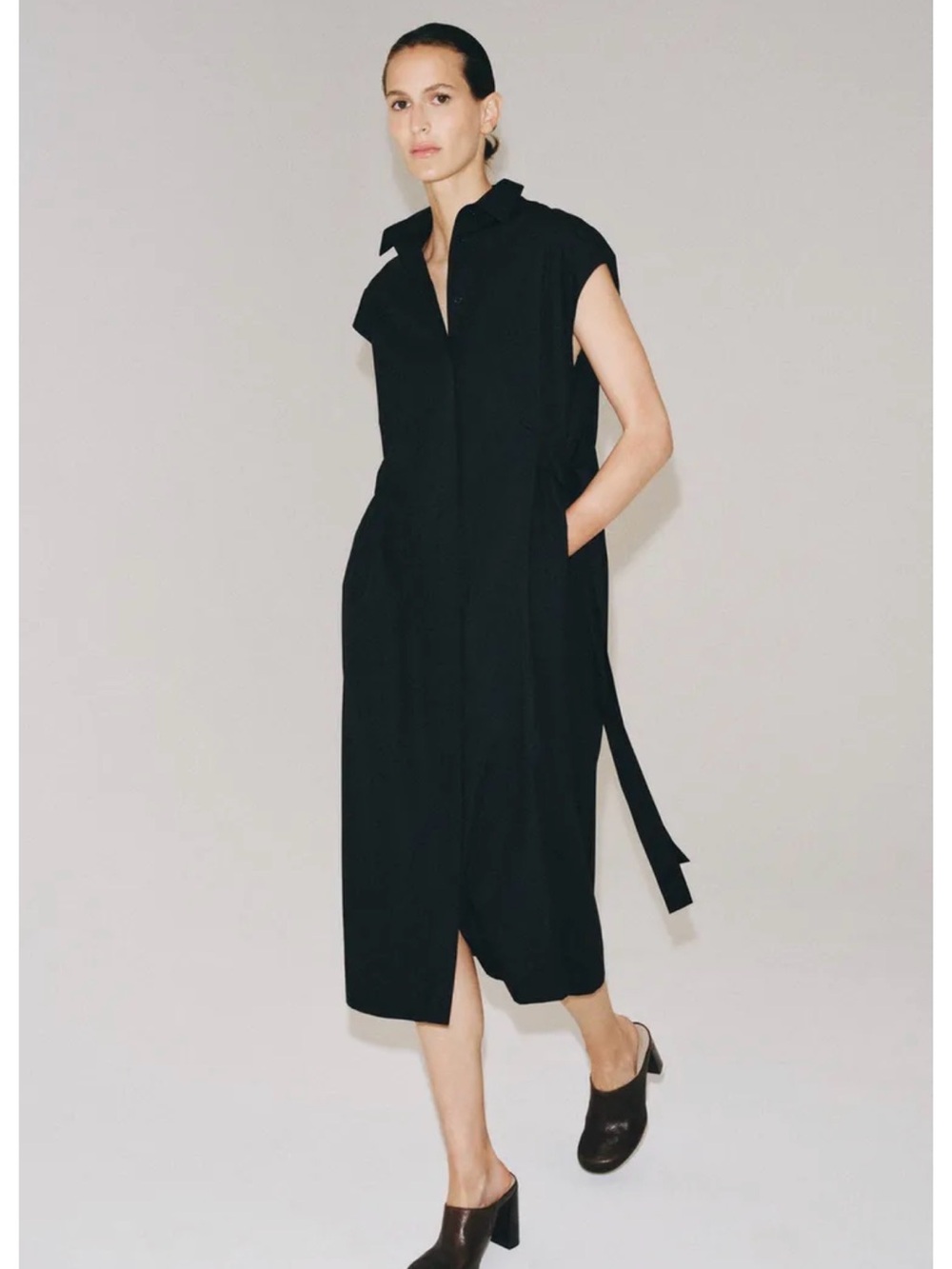 Zara Black Sleeveless Midi Shirt Dress